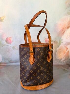 Louis Vuitton Brown Monogram Canvas Petite Bucket Tote with Tan Trim